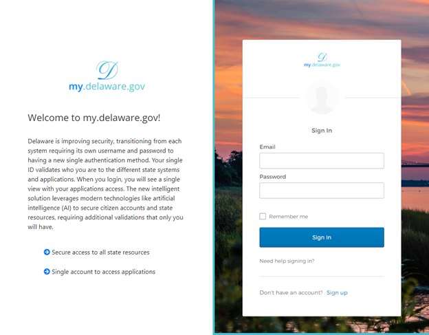 Example my.delaware.gov login page that shows text on the left with a sign-in form on the right