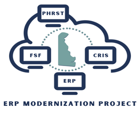 Logo for the Delaware ERP Modernization Project, which includes PHRST, FSF, CRIS, and ERP.