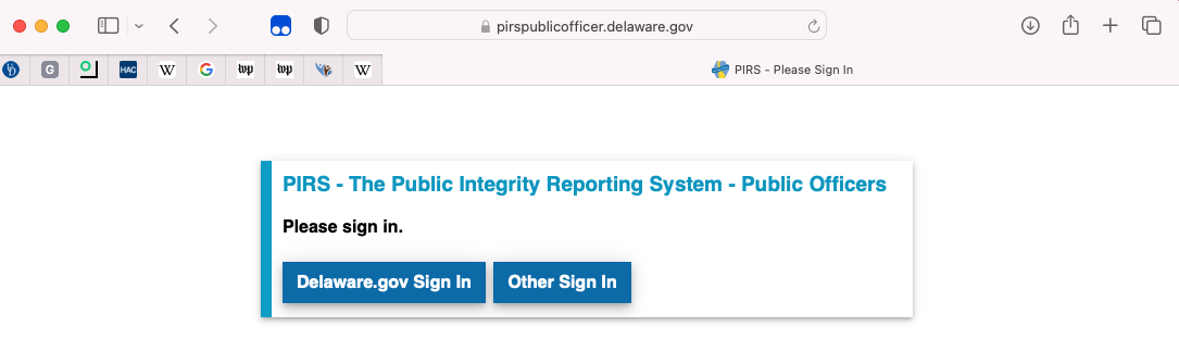 Screenshot of the Public Integrity Reporting System sign in screen with two buttons visible - Delaware.gov Sign In, and Other Sign In.
